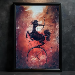 May include: Framed artwork featuring a dark silhouette of a centaur archer aiming a bow and arrow. The centaur stands atop a circular emblem with arrows piercing it. The background is a blend of red, orange, and brown hues, creating a dramatic effect.