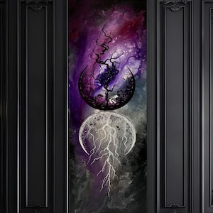 Soul Descent - Dark Art Print - Twin Surreal Crescent Moons with Light and Dark Trees