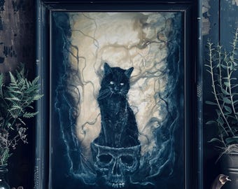 Witch's Brew - Moody Art Print - Grumpy Black Cat Sitting in Hollow Skull
