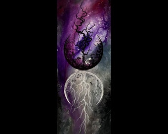 Soul Descent - Dark Wall Art Print - Twin Surreal Crescent Moons with Light and Dark Trees Reaching Skyward