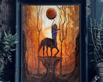 Sagittarius Moon - Zodiac Art Print - Fiery Centaur Woman with Bow & Arrows