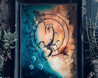 Scorpio - Zodiac Art Print - Scorpion Devouring Moons in Surreal Cosmic Landscape