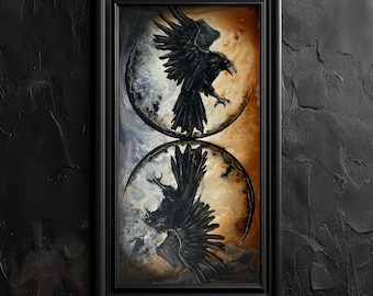 Stormchasers - Moody Art Print - Twin Ravens & Dark Surreal Moons Flying in Eternal Opposition