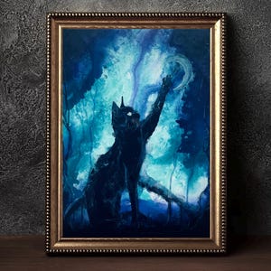 Finders Keepers - Printable  Wall Art Download - Shadowy Haunted Black Cat Reaching out Paw to Surreal Crescent Moon