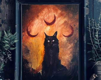 May include: A black cat with glowing eyes sits in front of a fiery orange background with three crescent moons above it.