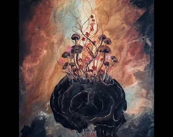 There is No End - Dark Art Print - Cracked Dark Skull with Mushrooms and Dark Flowers Bursting into Surreal Life