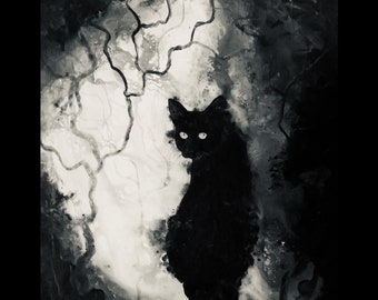 Eyes of the Night - Black & White Cat Art Print - Gothic Dark Feline Gazing through Dark Surreal Forest