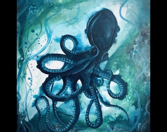 Bottomless - Shadowy Art Print - Dark Octopus Swimming in Deep Blue Surreal Ocean Depths
