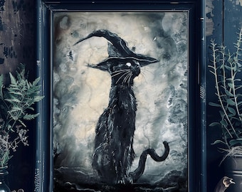 Hallowed Hat - Moody Cat Wall Art Print - Black Cat with Gothic Witch Attire