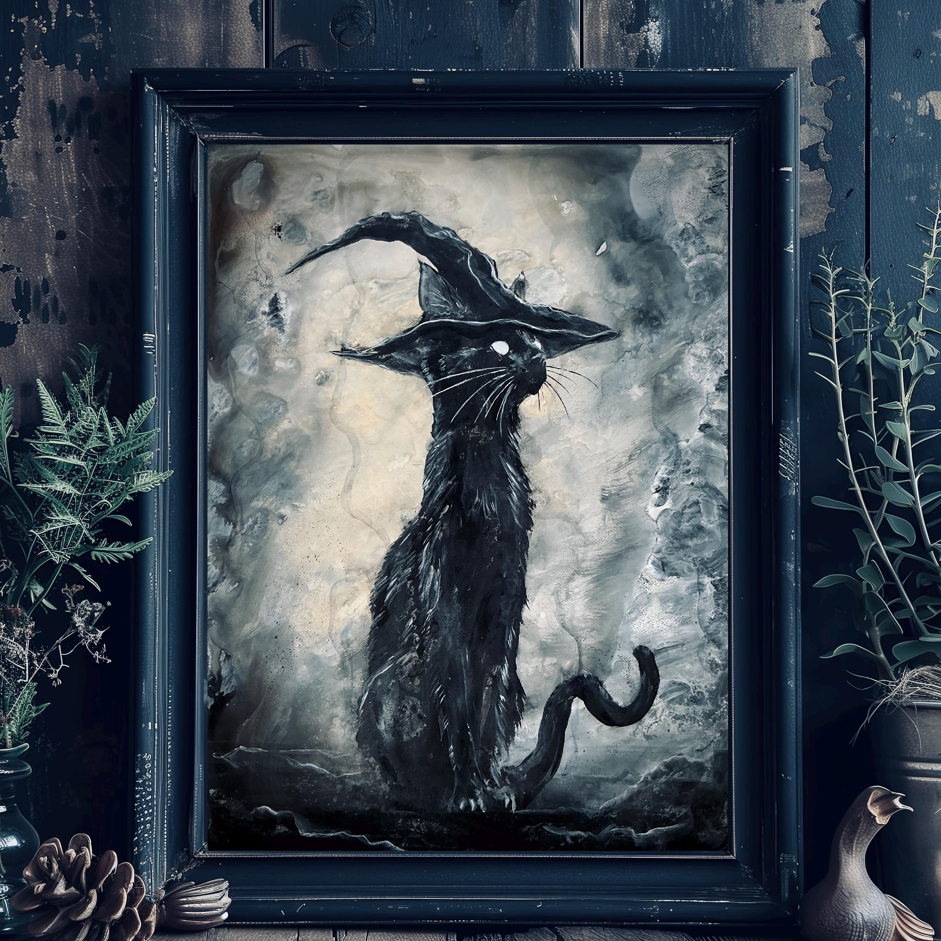 Hallowed Hat - Moody Cat Wall Art Print - Black Cat With Gothic Witch ...