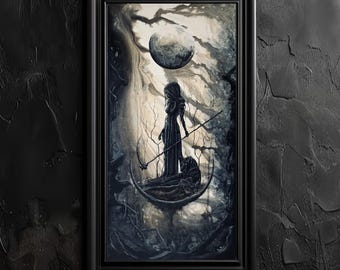 Woe of the Wolf Goddess - Black and White Art Print - Hooded Witch & Dark Surreal Landscape