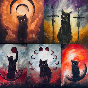 Haunted Cat Art Print Gift Bundle  - Five Lustrous Art Prints Featuring Fearless Dark Felines in Dark Surreal Settings