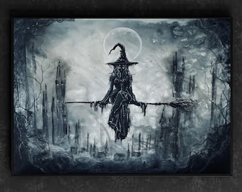 Coven of One - Witchy Art Print - Shadowy Witch Floating on Broomstick Above Dark City