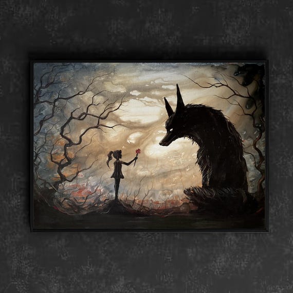 Gift for a Guardian - Dark Wolf Art Print - Shadowy Young Girl Offers Red Flowers to Giant Dark Canine in Surreal Landscape
