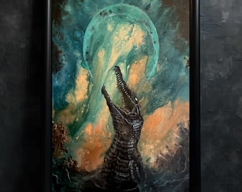 Emperor of the Deep - Lustrous Art Print - Dark Crocodile Leaping from Shadowy Depths to Devour Surreal Moon