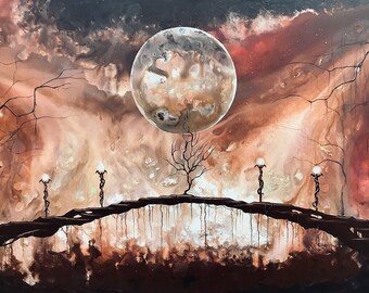 Bridge of Dark Dreamers - Lustrous Art Print - Stone Pathway w/ Pale Lanterns beneath Burning Sky & Planet