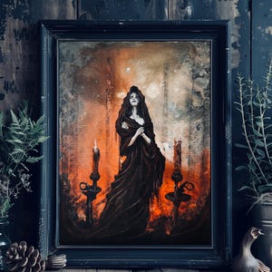 Countess of Candles - Lustrous Art Print - Pale Ghostly Witchy Woman Haunting Surreal Scene with Two Huge Candlesticks