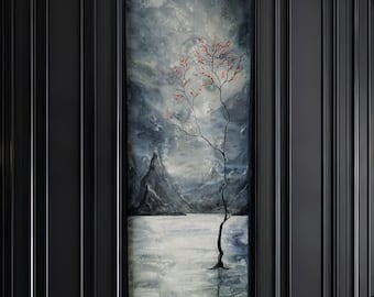 Remembered - Black and White Art Print - Lone Cherry Blossom Tree in Shadowy Lake Landscape