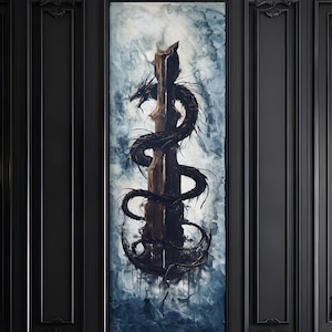 May include: A vertical rectangular wall art piece featuring a dark, slender dragon coiled around a central, weathered brown stone pillar. The background consists of swirling, ethereal blue and white clouds, creating a high-contrast, atmospheric scene.
