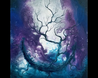 In the Beginning - Art Print - Deep Purple and Blue Wall Art - Leafless Tree Bursting into Life from Surreal Crescent Moon