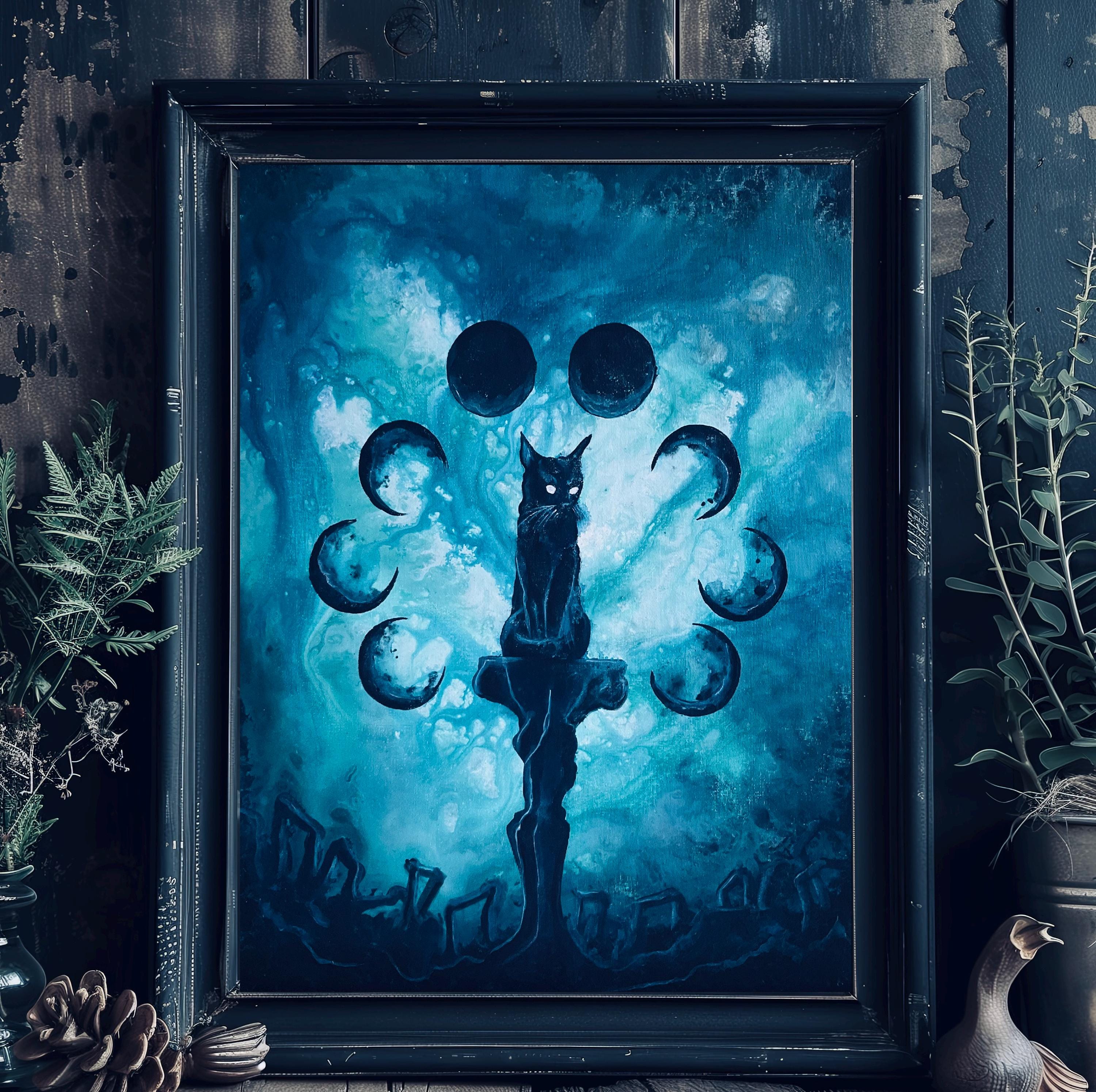 Moonwatcher - Dark Cat Wall Art Print - Black Feline on Pedestal