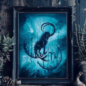 May include: Framed art print depicting a black illustration of a goat-like creature, the Capricorn zodiac symbol, set against a teal and blue background. The artwork is framed in a black, distressed-look frame.