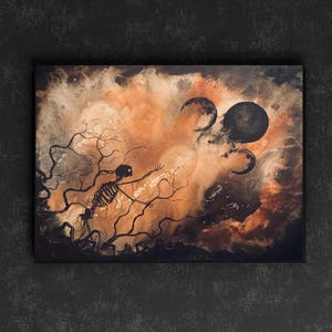 Were We Ever Real - Dark Art Print - Lonely Tree-Tangled Skeleton Yearning for Surreal Moons