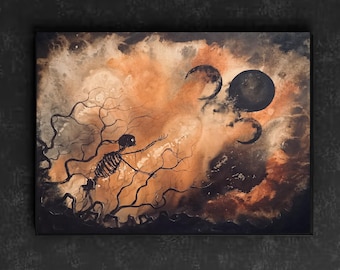 Were We Ever Real - Dark Art Print - Lonely Tree-Tangled Skeleton Yearning for Surreal Moons