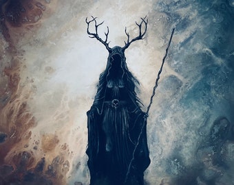 Primordial - Dark Art Print - Shadowy Witch with Cloak & Antlers Standing in Shallow Dark Water