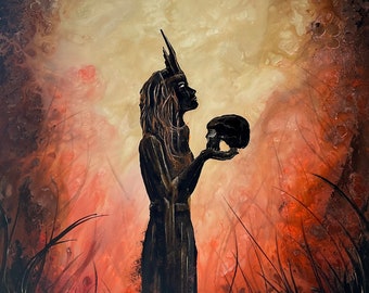 Never Apart - Original Gesso Board Painting - Shadowy Woman w/ Dark Crown Holds Beloved Skull in Surreal Grassy Landscape