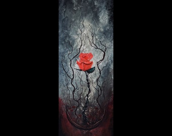 Soul Serendipity - Flower Wall Art Print - Red Rose w/ Thorns Emerging from Dark, Surreal Moon