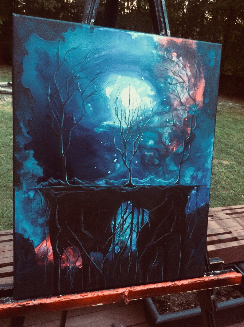 Stone Altar with Dark Trees and Roots beneath Abstract Moon Original Canvas Painting Altar of Shadow