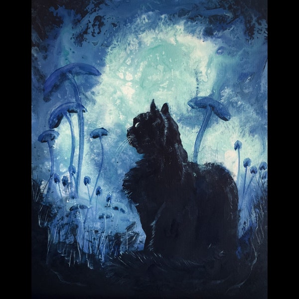 Scent of Serenity - Black Cat Art Print - Dark & Witchy Haunted Moody Feline Sniffing Field of Surreal Mushrooms