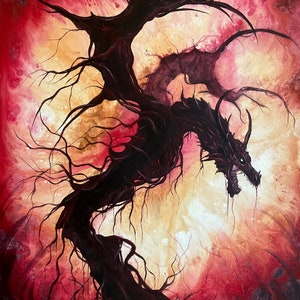 Smolderfang - Fiery Art Print - Dark Serpentine Red Dragon Tree Burning in Surreal Landscape