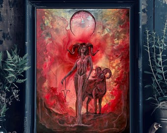 Aries - Zodiac Art Print - Dark Woman with Horns, Zodiac Symbol, and Ram Familiar