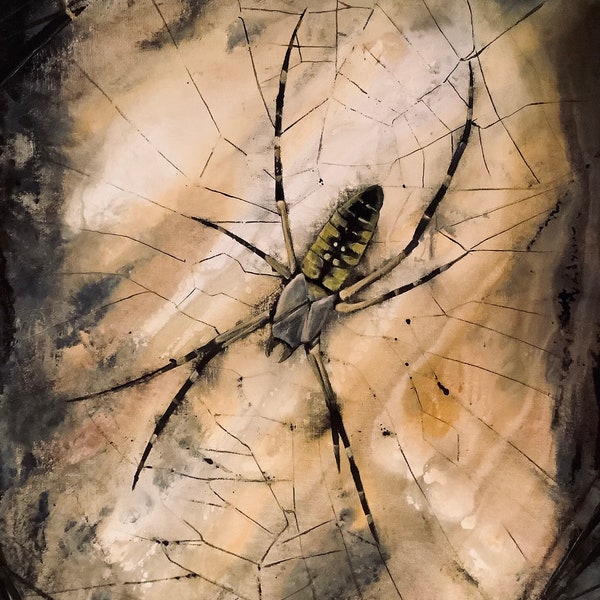 Shadow Weaver - Original Canvas Painting - Black & Yellow Garden Spider Lurking in Tangled Surreal Web