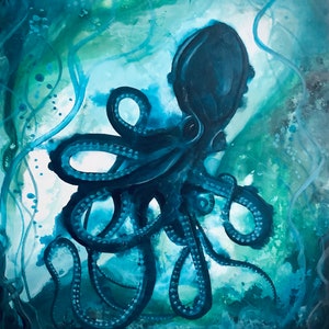 Bottomless - Shadowy Art Print - Dark Octopus Swimming in Deep Blue Surreal Ocean Depths