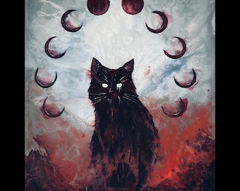 Ten of Moons - Black Cat Art Print - Longhaired Weeping Dark Feline Sitting Beneath Ten Moon Phases in Surreal Landscape