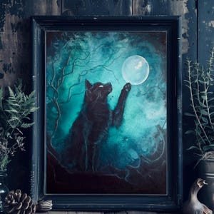 It Should Be Mine - Dark Cat Art Print - Witchy Black Feline Reaching for Full Blue Moon in Surreal Landscape