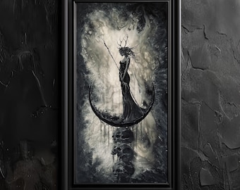 May include: A black and white painting of a woman with antlers standing on a crescent moon. The woman is wearing a long, flowing gown and holding a staff. The background is a dark, swirling sky.
