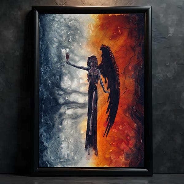 Death of Desire - Gothic Art Print - One Winged Fallen Angel Holding Her Own Heart