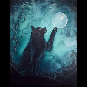 Debería ser mío - Impresión de arte de gato oscuro - Felino negro brujo alcanzando la luna azul llena en un paisaje surrealista