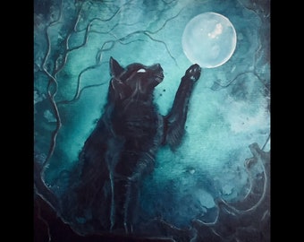 It Should Be Mine - Dark Cat Art Print - Witchy Black Feline Reaching for Full Blue Moon in Surreal Landscape