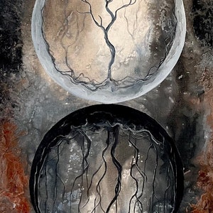 Soul Reflection - Lustrous Art Print - Light and Dark Trees Spring from Luminous and Dark Crescent Surreal Moons