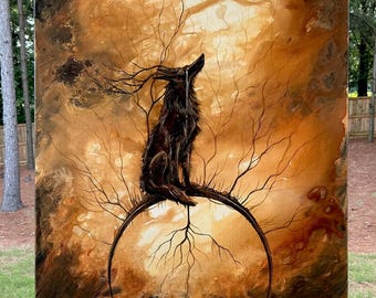 Better to Have Lost - Original Canvas Painting - Weeping Wolf with Antlers on Surreal Moon