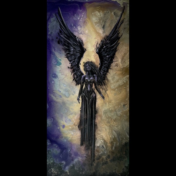 The Forsaken - Dark Art Wall Print - Fallen Angel with Dark Wings and Tattered Robes Flying in Surreal Background