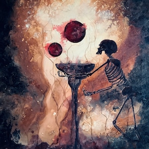 Why Must it End - Dark Art Print - Lone Skeleton standing at Giant Chalice Requesting Immortality from Blood Moons