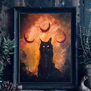 Waiting for the Witch - Lustrous Art Print - Longhaired Haunting Black Cat Standing Guard beneath Three Crescent Moons
