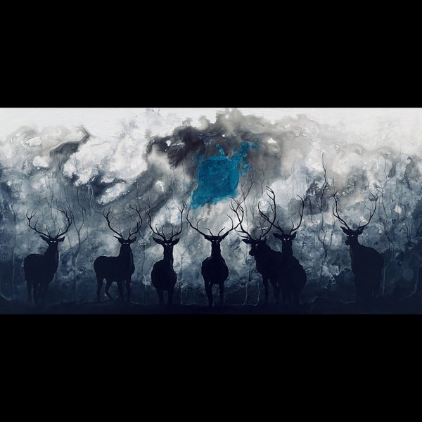 Kingdom of Dusk - Shadowy Art Print - Dark Stags Haunting the Night beneath Abstract Blue Moon