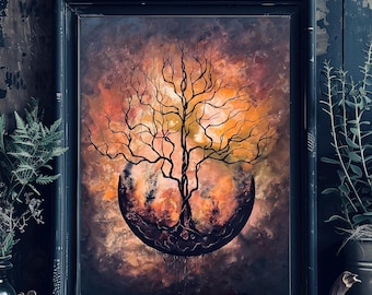 Born of Fire - Printable  Wall Art Download - Reborn Fiery Tree Rising from Shattered Crescent Moon